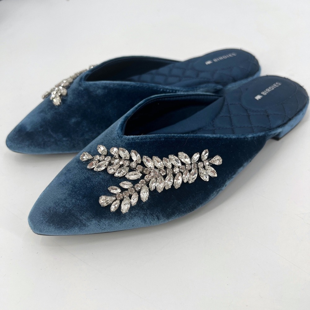 Birdies The Swan Jeweled Blue Velvet Slides Comfort Quilted Rhinestone Size 6.5 - Picture 3 of 9